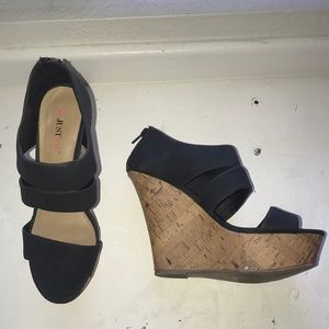 black and brown strapped wedges